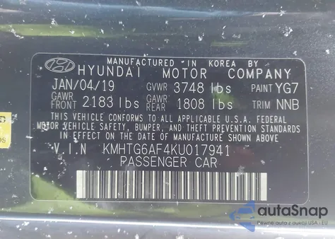 2019 Hyundai Veloster 2.0 z USA, uszkodzony, nr VIN KMHTG6AF4KU017941